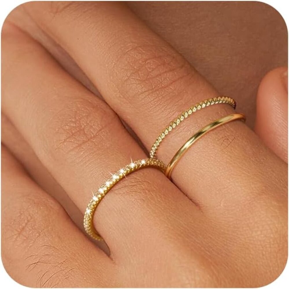 Women Dainty 14K Gold Plated Thumb CZ  3PCS Thin Stackable Ring Set